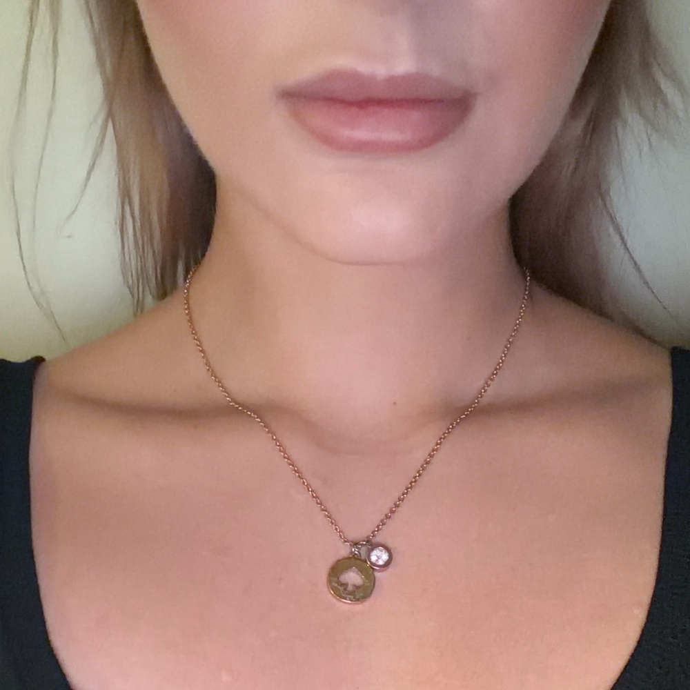 Kate Spade Logo Rose Gold Charm with Rhinestone Necklace